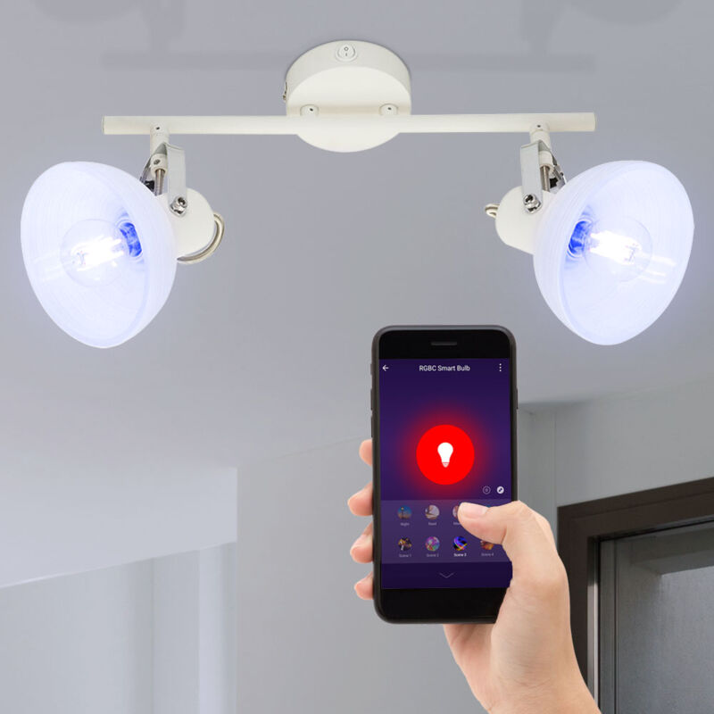 foto del prodotto globo lighting plafoniera faretto orientabile da soffitto vetro bianco plafoniera cromo, interruttore, controllo app cct, 2x smart rgb led 5w