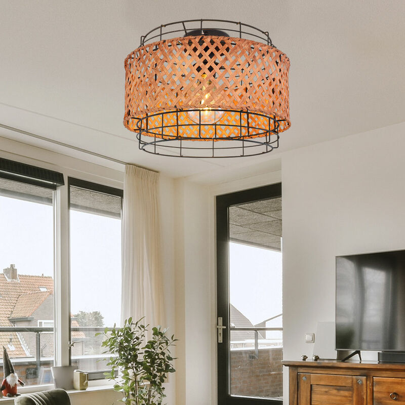 foto del prodotto globo lighting plafoniera in metallo nero rotonda sala da pranzo gabbia lampada illuminazione soffitto con paralume in bamb , forma a griglia, 1x