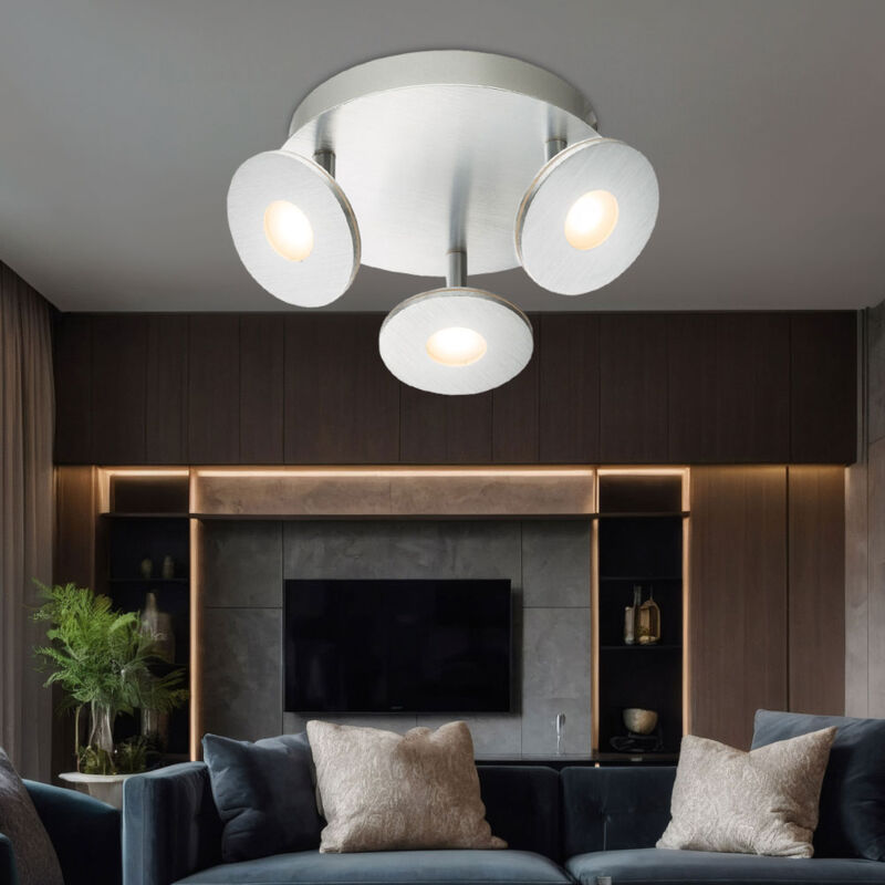 foto del prodotto globo lighting plafoniera lampada da soffitto led a 3 luci per soggiorno, lampada spot orientabile, alluminio spazzolato, plastica opale, 3x 6w 3x