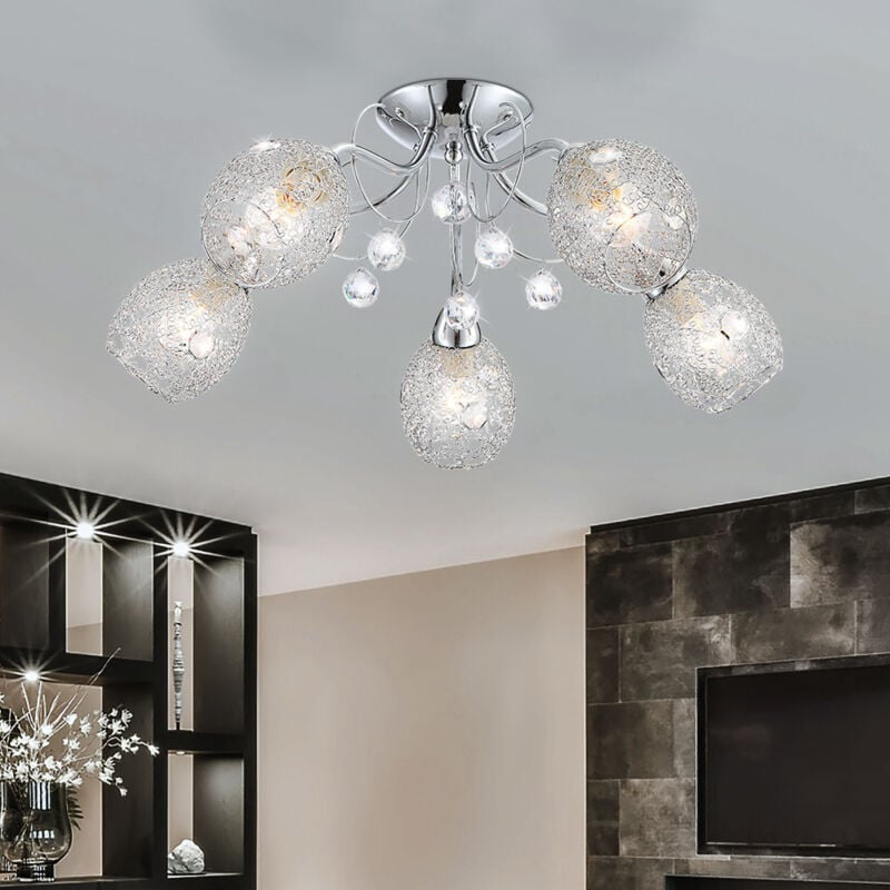 foto del prodotto globo lighting plafoniera led cromo cristallo punto luce lampada da soffitto cristalli 5 lampadine, rete cromata, 5x 8w 600lm bianco caldo, dxh