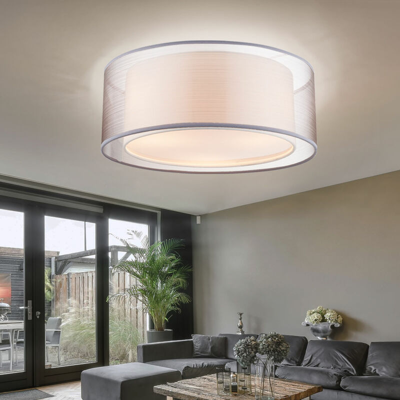 foto del prodotto globo lighting plafoniera led grigia plafoniera rotonda tessuto satinato lampada tessile soggiorno, paralume in tessuto metallico, 3x e14 led