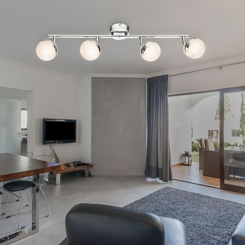 foto del prodotto globo lighting plafoniera led in cristallo con striscia spot, sfere cromate, girevoli, 4x 5w 300lm bianco caldo, lxpxh 60x8,5x17,5 cm