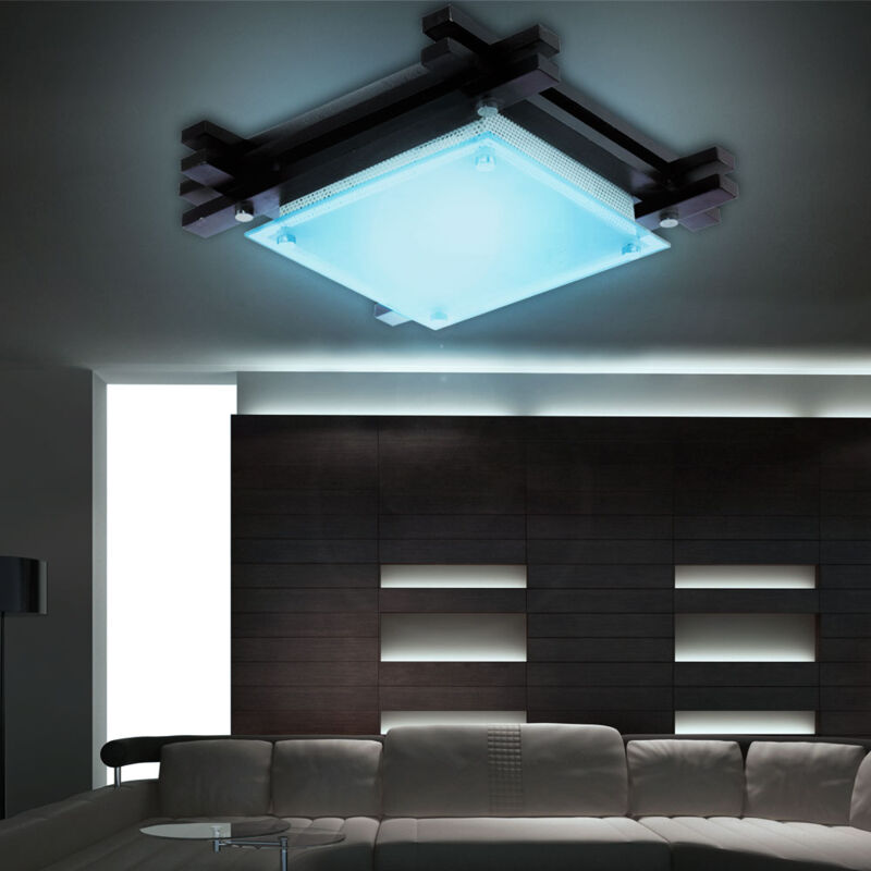 foto del prodotto globo lighting telecomando per illuminazione a soffitto in legno e vetro in un set di lampadine led rgb