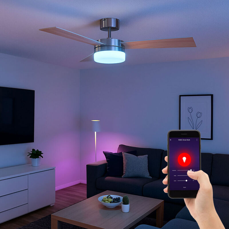 foto del prodotto globo lighting ventilatore da soffitto, ventilatore, lampada, app google, telecomando in un set che include lampade a led rgb