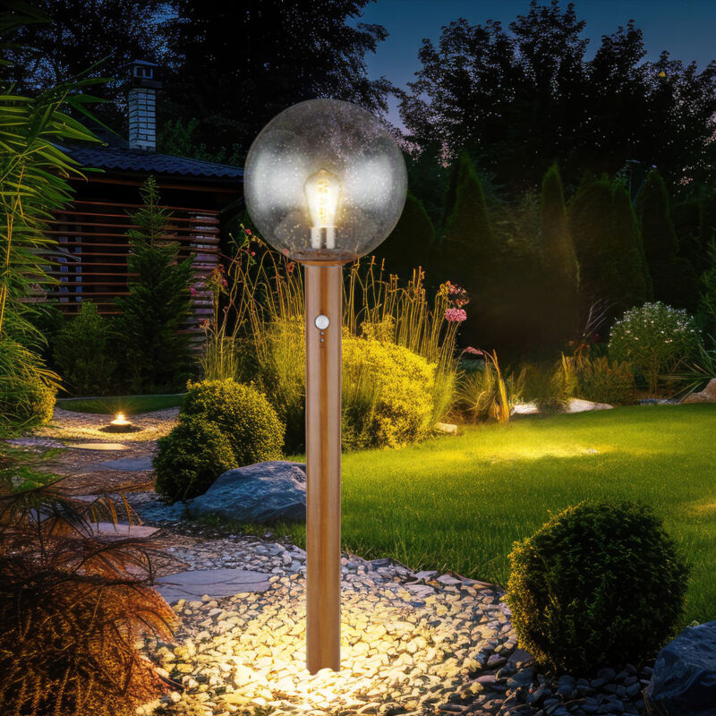 foto del prodotto globo luce da giardino con rilevatore di movimento lampada da terra per esterni lampada da terra per patio, vetro alluminio effetto legno marrone,
