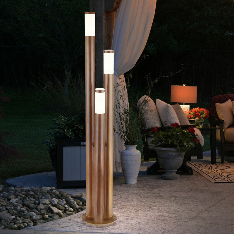 foto del prodotto globo luci di via per esterno lampada da esterno in acciaio inox lampada da terra luce da giardino aspetto legno, 3 fiamme acciaio inox, 3x e27,