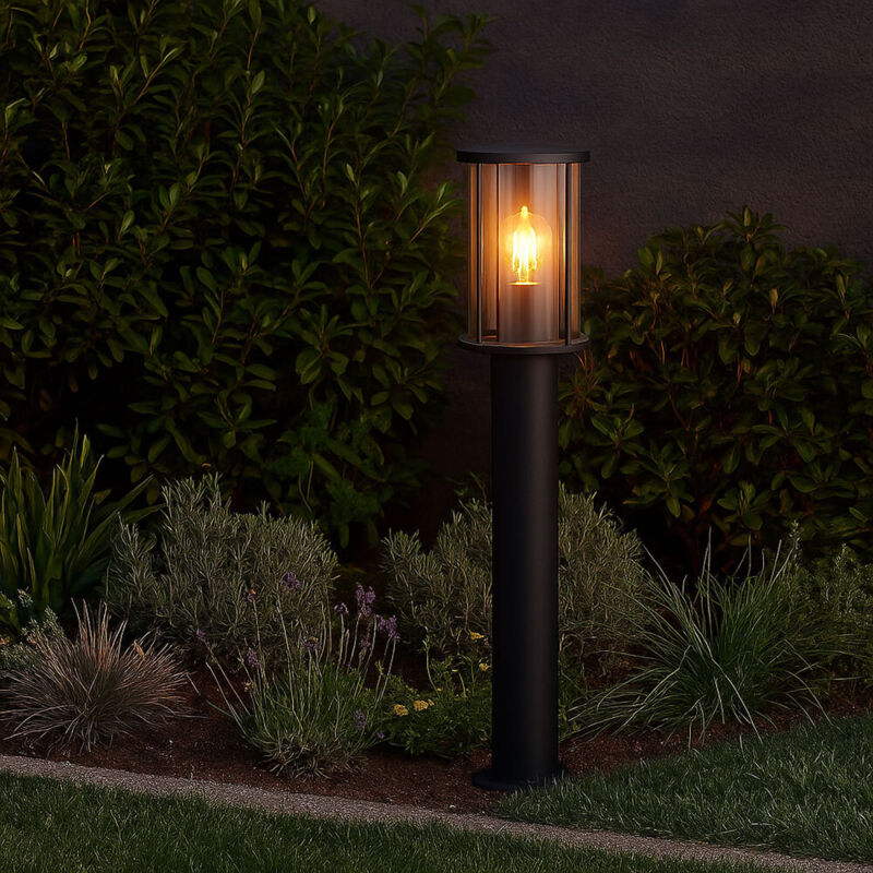 foto del prodotto globo piantana da esterno segnapasso nero lampione da giardino moderno, base luce terrazzo resistente alle intemperie, vetro fum acciaio inox