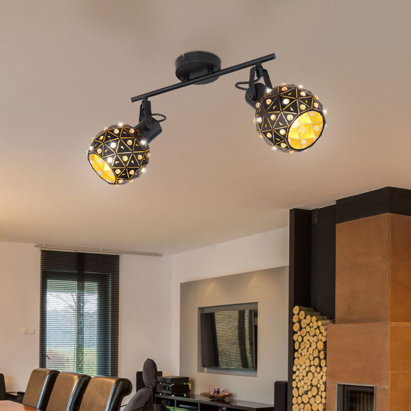 foto del prodotto globo plafoniera 2 fiamme in metallo cristalli lampada da soffitto design sala da pranzo con faretti mobili, metallo nero oro, 2x e27, lxpxh
