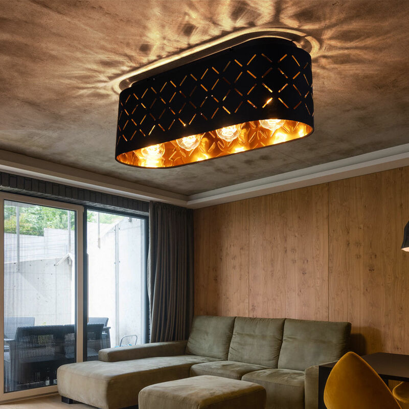foto del prodotto globo plafoniera, 4 fiamme, plafoniera per sala da pranzo, paralume in tessuto, motivo nero e oro, linee decorative tessili, attacchi 4x e27, lxpxh