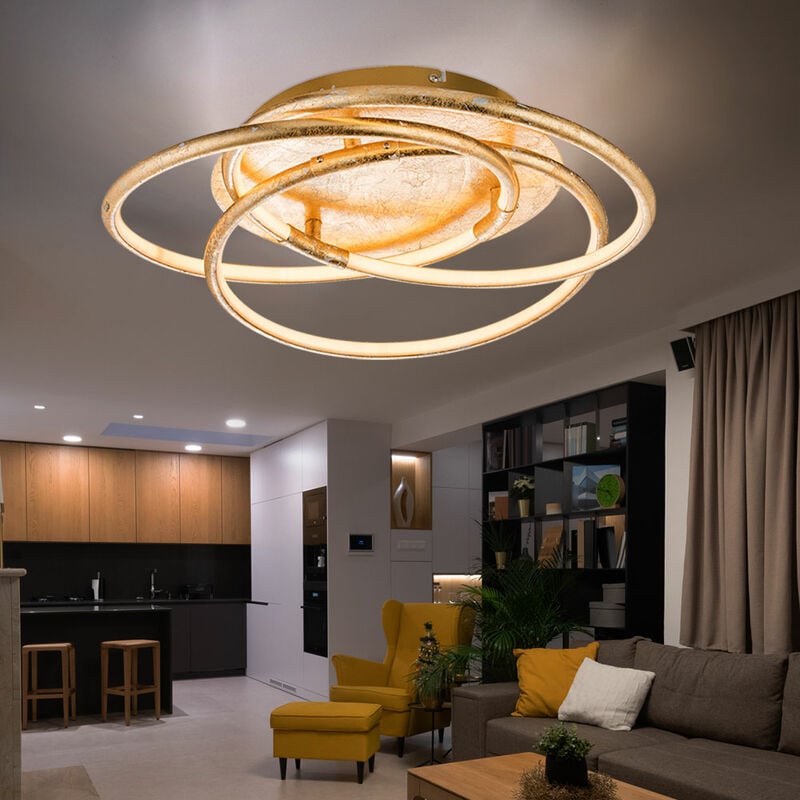 foto del prodotto globo plafoniera anelli design luce oro plafoniera soggiorno moderno, alluminio, finitura satinata, led 30w 2100lm bianco caldo, dxh 50x14 cm