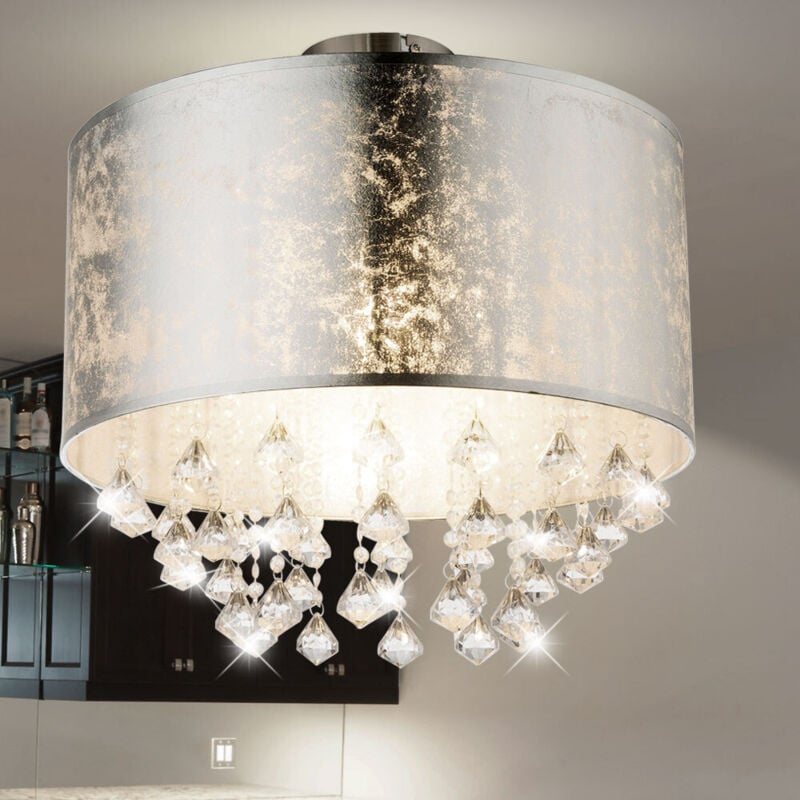 foto del prodotto globo plafoniera argento lampada soggiorno plafoniera sala da pranzo, tessuto in ottica foglia argento con cristalli, 1x e27, dxh 40 x 38 cm