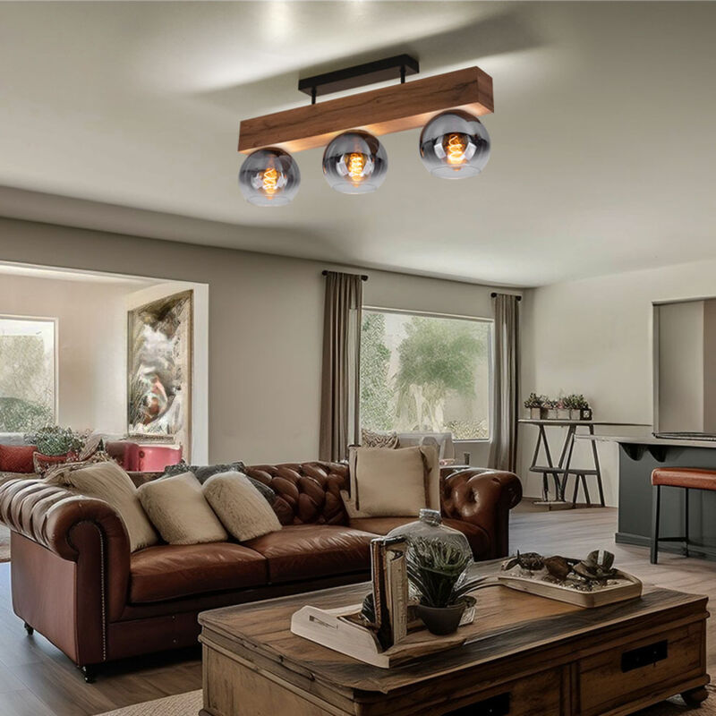 foto del prodotto globo plafoniera camera da letto faretto da soffitto aspetto legno lampada da soffitto a 3 luci, vetro fum , mdf metallico, 3x attacco e27, lxh 65
