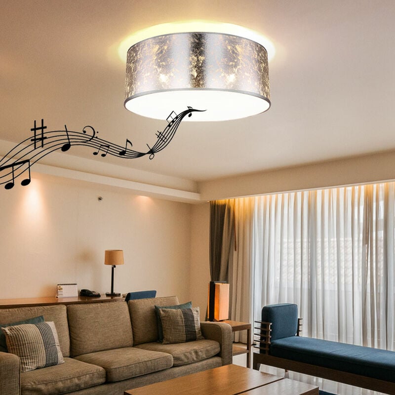 foto del prodotto globo plafoniera con altoparlante bluetooth 40 cm lampada da camera argento plafoniera soggiorno, design foglia argento, 3x e27, h 17,5 cm