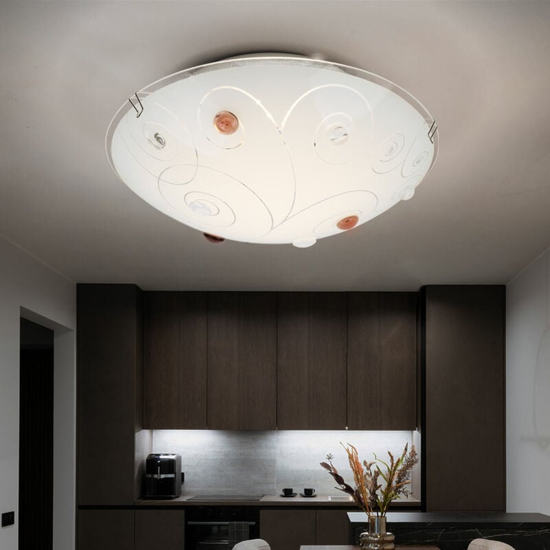 foto del prodotto globo plafoniera con paralume in vetro lampada da soffitto a 1 fiamma illuminazione da soggiorno opale con pietre decorative, linee in metallo