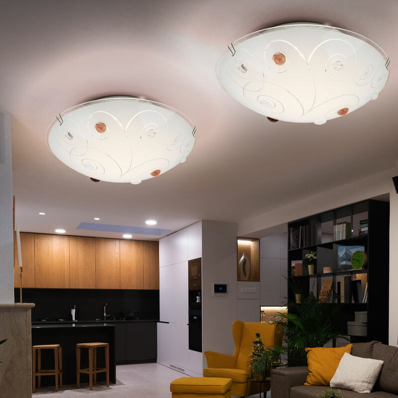 foto del prodotto globo plafoniera con paralume in vetro, lampada da soggiorno, 1 lampadina, opale con pietre decorative, linee in metallo cromato, 1x led 8 watt 640