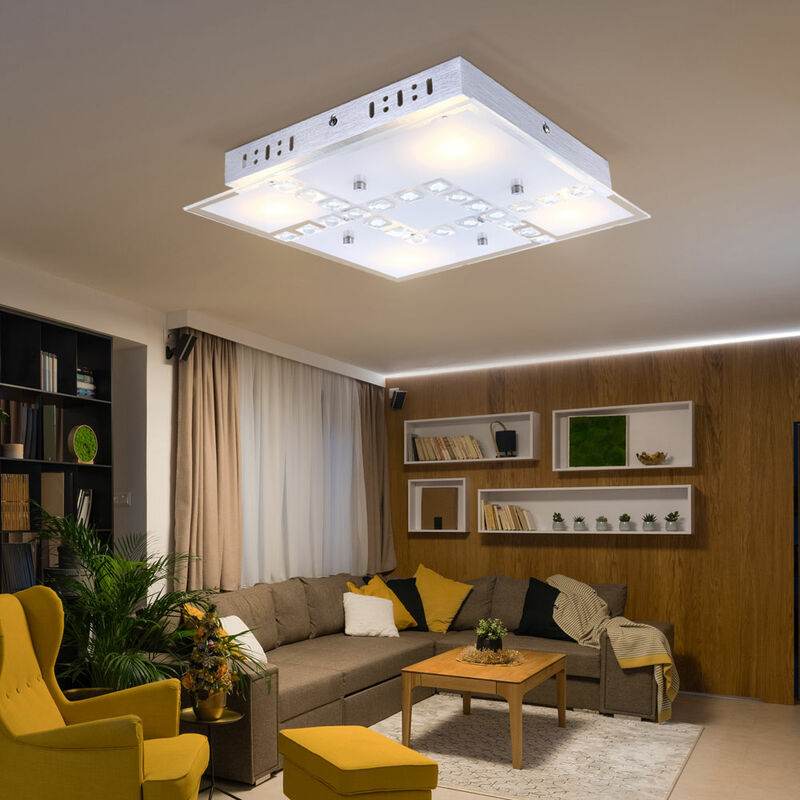 foto del prodotto globo plafoniera cristalli lampada soggiorno soffitto plafoniera vetro, alluminio, 4x led 5w 400lm bianco caldo, lxpxh 32x32x6,5 cm