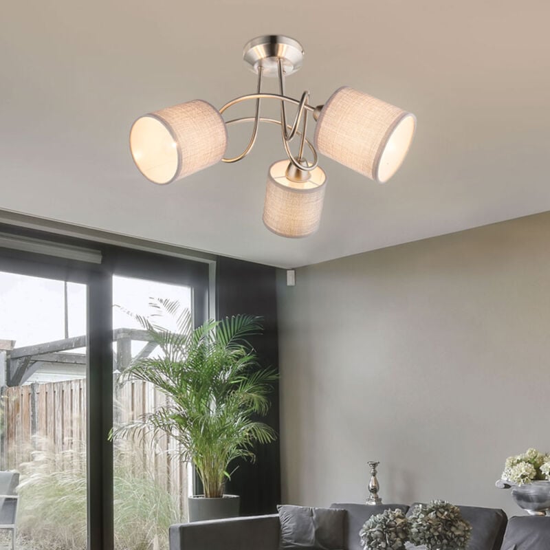 foto del prodotto globo plafoniera faretto con paralume in tessuto, lampada da soffitto a 3 luci, nichel opaco, metallo, 3 attacchi e14, dxh 46x27,5 cm