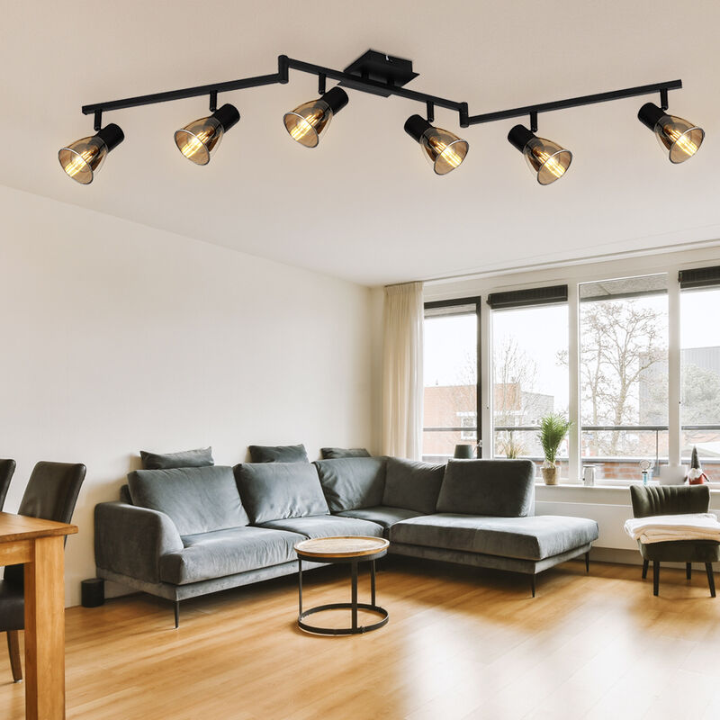 foto del prodotto globo plafoniera faretto da soffitto lampada da soggiorno faretti orientabili, metallo vetro nero fumo, 6 fiamme, lxpxh 145x11x21 cm
