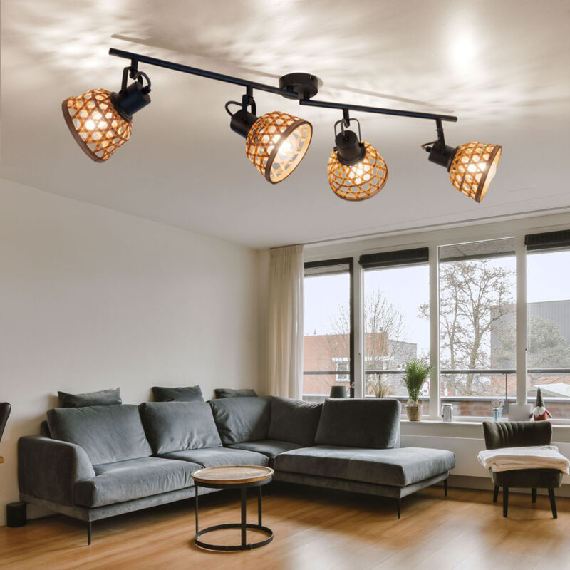 foto del prodotto globo plafoniera faretto da soffitto sala da pranzo plafoniere in rete di bamb in legno con faretti orientabili, metallo nero, 4x attacco e27,
