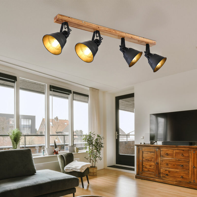 foto del prodotto globo plafoniera faretto lampada da soffitto luce per interni metallo soggiorno faretti in legno orientabili, neromarrone, 4x e27, lxl 82x24 cm