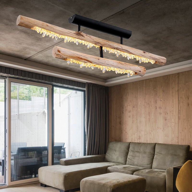foto del prodotto globo plafoniera in legno rustico da soggiorno lampada da soffitto in legno nero, con decori in cristallo, 1x led 30w 1350lm bianco caldo, l 100 cm