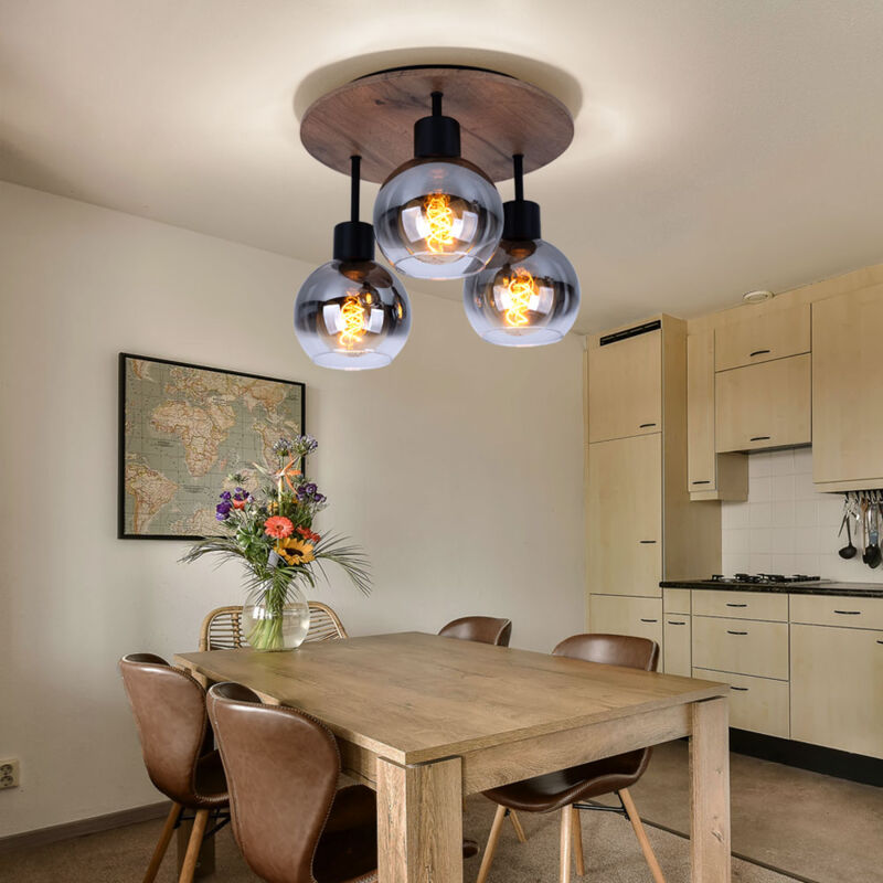 foto del prodotto globo plafoniera lampada camera da letto faretto soffitto effetto legno paralume vetro 3 fiamme plafoniera, metallo mdf, 3 attacchi e27, dxh 38x30