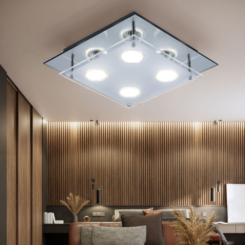 foto del prodotto globo plafoniera lampada camera da letto luce lampada in vetro soggiorno, 4 fiamme, vetro cromato bordo specchio trasparente, 4x led 12w 1000lm