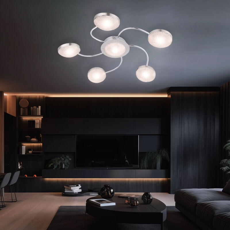foto del prodotto globo plafoniera led 6 lampadine faretto da soffitto in alluminio cromato nichel opaco, 5 bracci, 6x led 345lm bianco caldo, 43x6cm, soggiorno