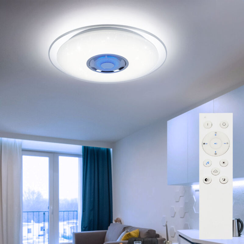 foto del prodotto globo plafoniera led rgb telecomando musica plafoniera led altoparlante luce diurna con bluetooth, metallo cromato, effetto stella, 1x 24w 1600lm,