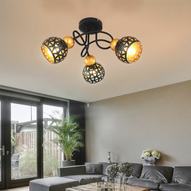 foto del prodotto globo plafoniera metallo soggiorno nero faretto oro 3 fiamme plafoniera faretti mobili, metallo orientale, 3 attacchi e14, dxh 39x20 cm