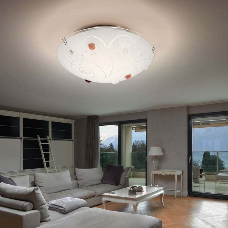 foto del prodotto globo plafoniera paralume in vetro plafoniera 1 fiamma illuminazione soggiorno opale con pietre decorative, linee in metallo cromato, 1x led 8 watt