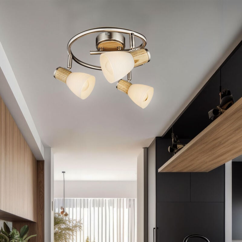 foto del prodotto globo - plafoniera plafoniera faretto faretto in legno faretto da soffitto, faretti mobili 3 lampadine, legno metallo marrone vetro opalino, attacchi e14, dxh 25x15,5cm