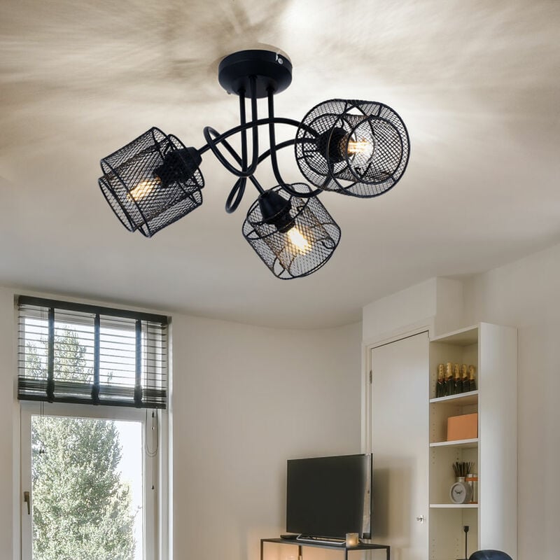 foto del prodotto globo plafoniera plafoniera faretto faretto lampada da soggiorno faretti orientabili 3 fiamme, schermi a griglia industriale nero, prese e14, dxh