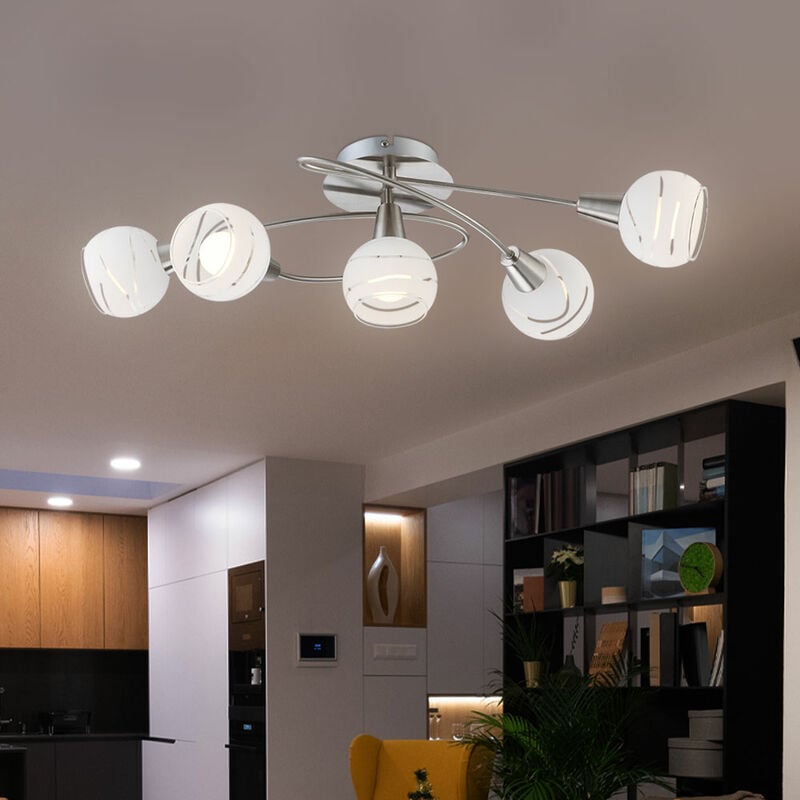 foto del prodotto globo plafoniera plafoniera faretto soggiorno lampada spot, 5 lampadine vetro nichel opaco bianco, led 4w 400lm bianco caldo, lxpxh 62,4x37,1x21,1
