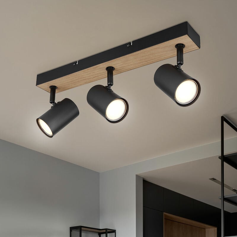 foto del prodotto globo plafoniera plafoniera per camera da letto faretto spot a 3 fiamme orientabile, metallo legno, nero, gu10, lxlxa 41x6x13,5 cm