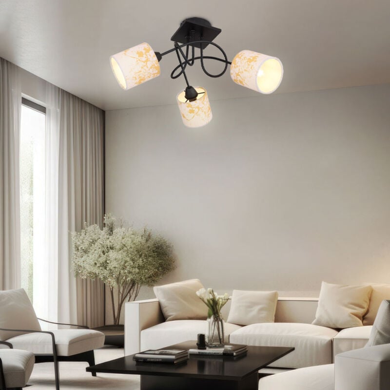 foto del prodotto globo plafoniera soggiorno lampada da soffitto lampada da pranzo lampada da camera da letto, metallo legno tessuto nero oro, 3 lampadine e14, h