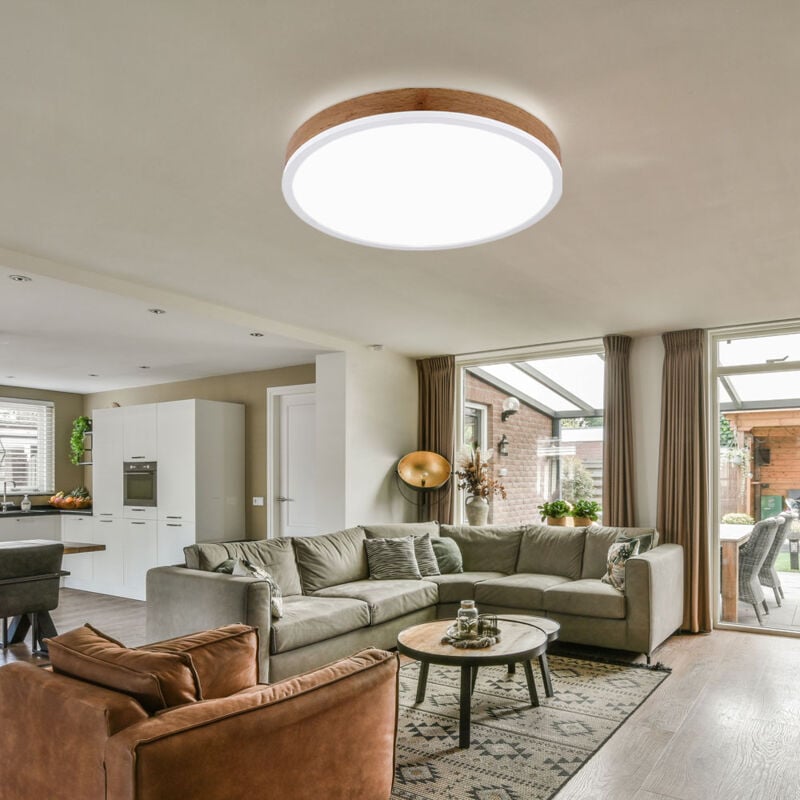 foto del prodotto globo - plafoniera soggiorno lampada da soffitto lampada da sala da pranzo lampada da corridoio rotonda, metallo bianco plastica opale aspetto legno mdf, 1x led 24w 1800lm 3000k bianco caldo, d 45 cm
