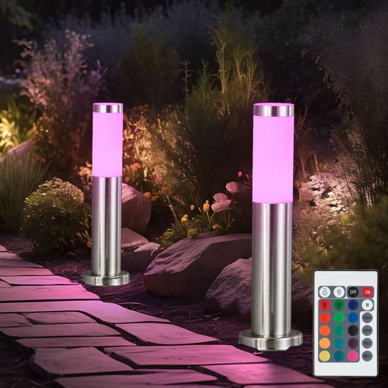 foto del prodotto globo set di 2 luci da esterno, illuminazione da terra in acciaio inox, lampade con telecomando dimmerabili in un set comprensivo di lampadine led