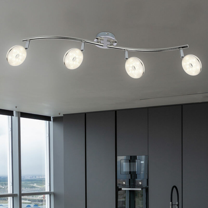 foto del prodotto globo spot led barra 4 faretti plafoniera orientabile lampada da soffitto moderna, cristalli in vetro cromato, 4x 6w 475lm bianco caldo, lxh
