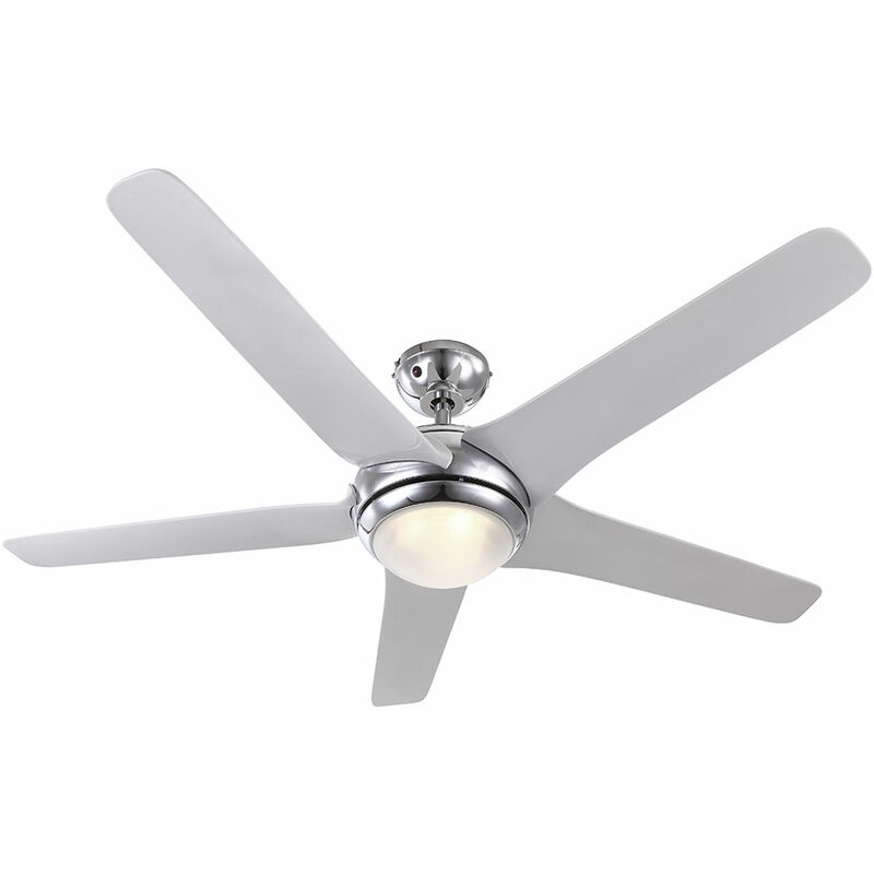 foto del prodotto globo ventilatore da soffitto a led con telecomando, plafoniera cromata bianca a 3 velocit , ventilatore con ritorno in avanti, lampada da