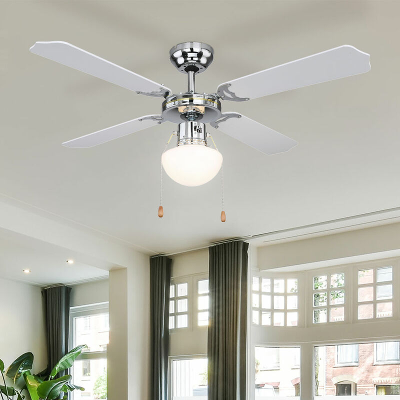 foto del prodotto globo ventilatore da soffitto con illuminazione interruttore a tirante anteriore inverso lampada in vetro ventilatore per vento, metallo cromato,