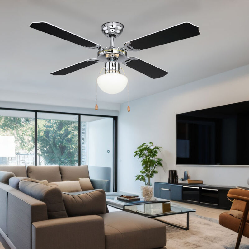 foto del prodotto globo ventilatore da soffitto con illuminazione, interruttore a tirante, lampada in vetro, ventola per macchina eolica, vetro in metallo cromato,