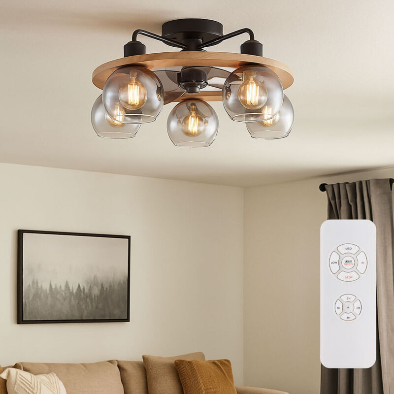 foto del prodotto globo ventilatore da soffitto con telecomando plafoniera ventilatore in legno lampada retro vetro fum , vetro metallo, 5x e27, dxh 55x21,5 cm