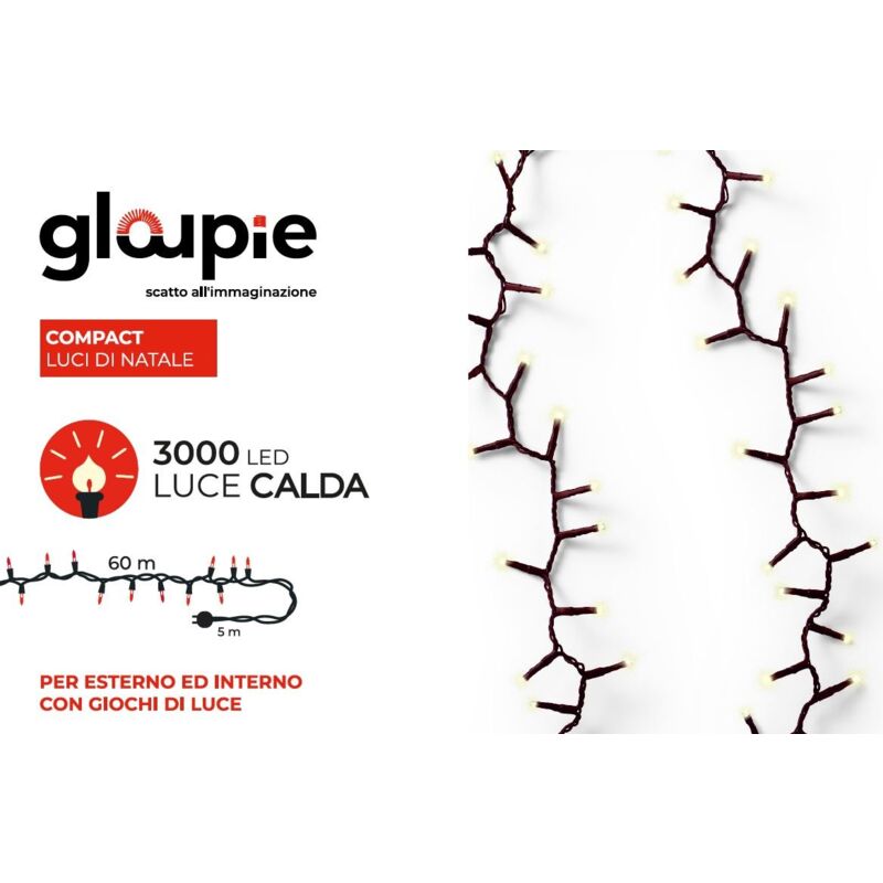 foto del prodotto gloupie luci di natale compact da 65 mt con 3000 led bianco caldo, cavo verde, distanza luci 2,2 cm, funzione memoria e timer