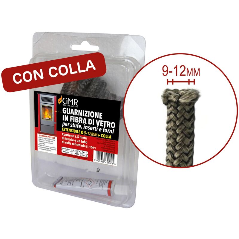 foto del prodotto gmr guarnizione in fibra estensibile 9 12mm vetro per sportelli stufe, caminetti e forni con colla omaggio