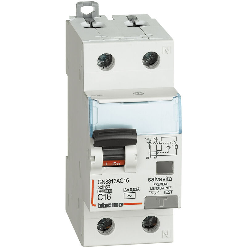 foto del prodotto gn8813ac16 interruttore magnetotermico differenziale btdin60 1p n tipo ac 16a bticino
