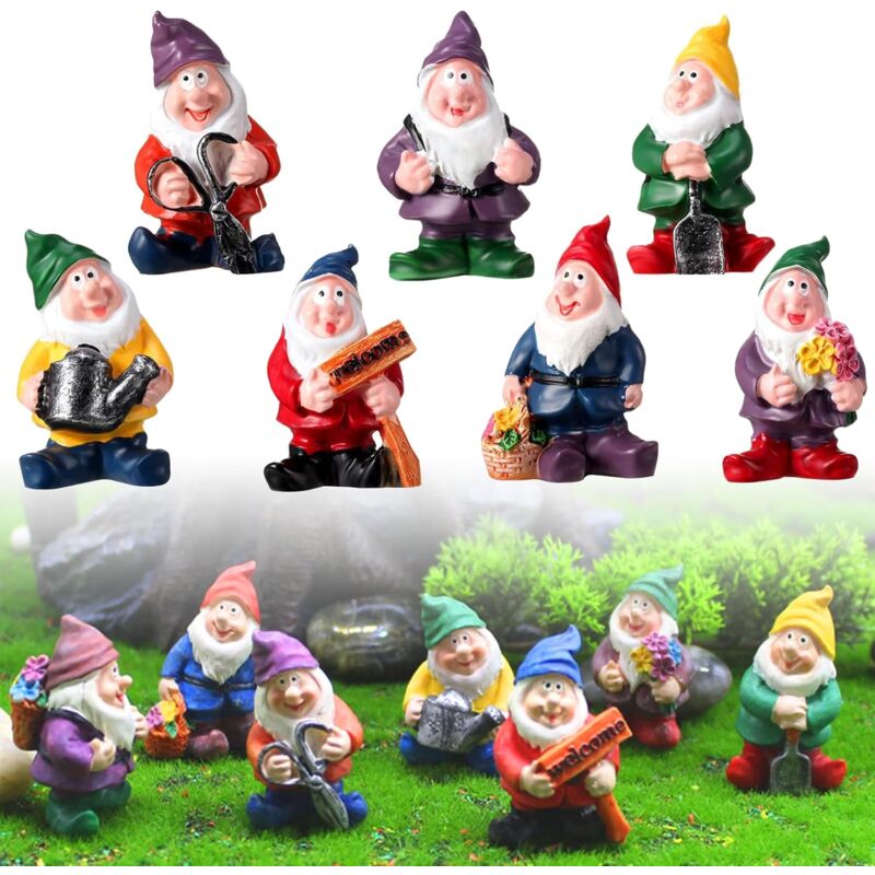 foto del prodotto gnomo da giardino, 7 pezzi di statuette di gnomi, statuette in miniatura in resina, utilizzate per giardini fatati, decorazioni per prati,