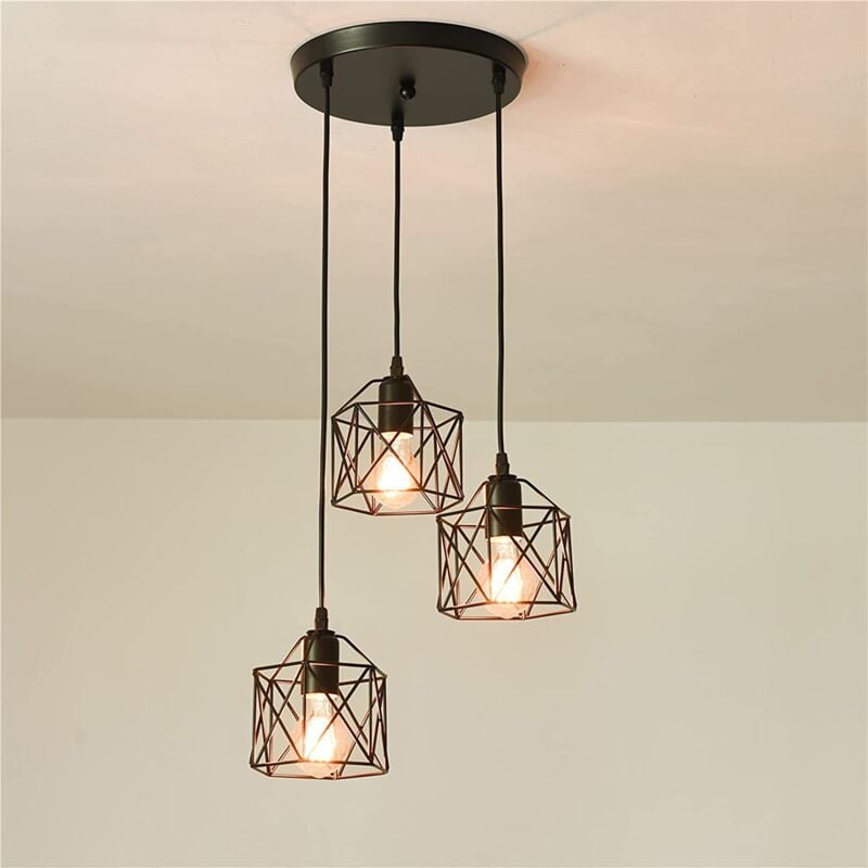 foto del prodotto goeco 3 luci lampadario a sospensione industriale e27 nero geometrico a semi incasso apparecchio di illuminazione a soffitto per cucina, sala da