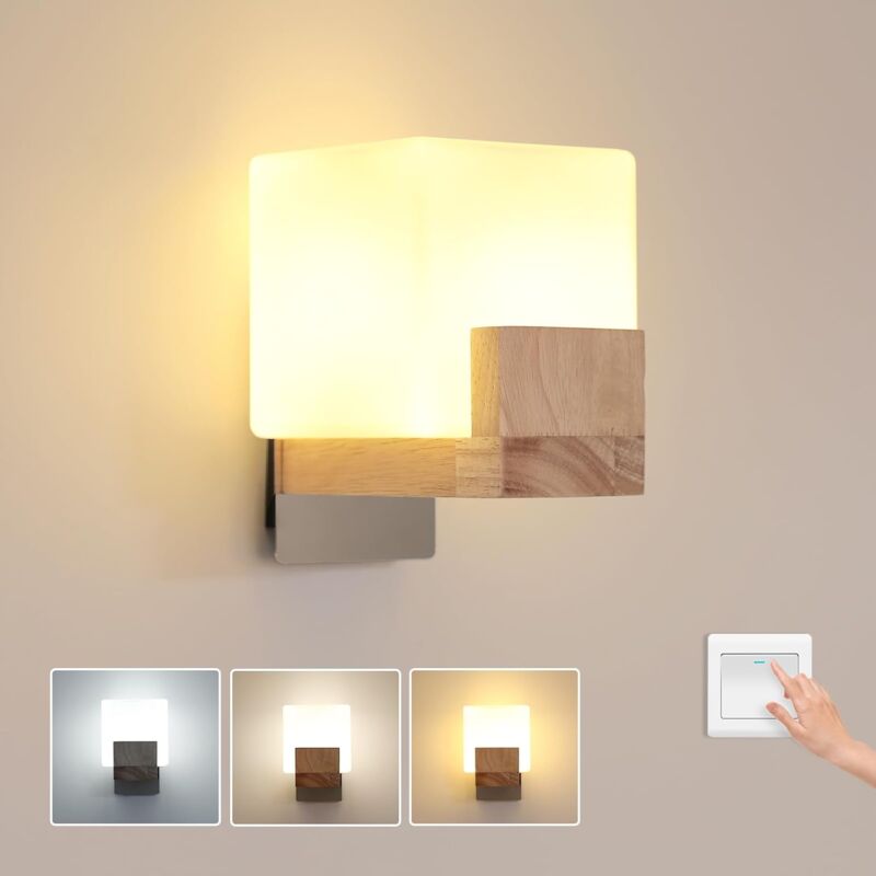 foto del prodotto goeco applique da parete interna, lampada da parete led dimmerabile in legno 20w, applique moderna con 3 temperature di colore per camera corridoio