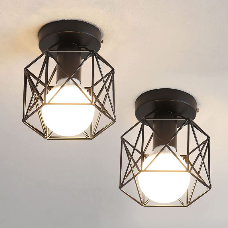 foto del prodotto goeco lampada da soffitto industriale vintage a 2 pezzi, e27 retr nero metallo gabbia lampadario paralume in ferro, lampada da soffitto per camera